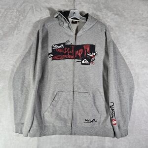 Quicksilver Full Zip Hoodie Mens Medium Gray Y2K Skater Logo Spell Out Vintage